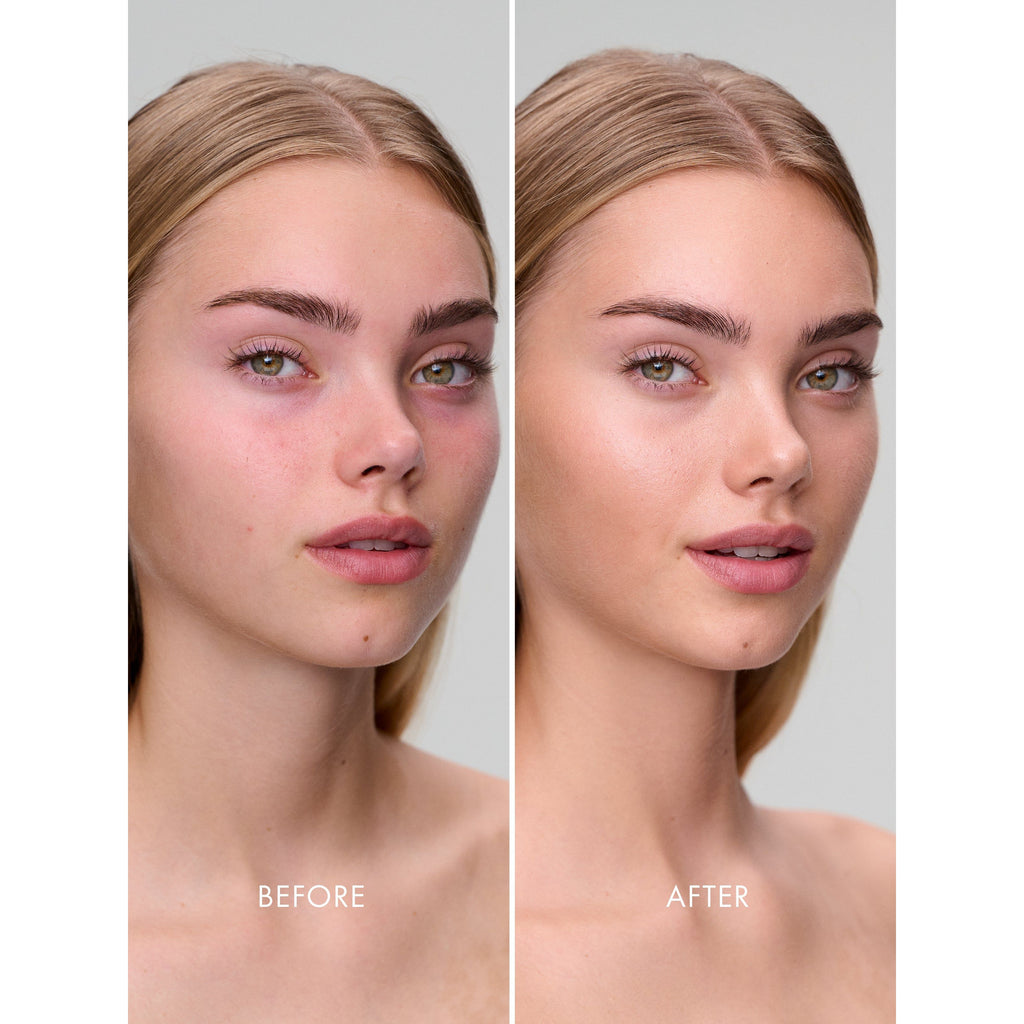 Before and after comparison of a woman's facial makeup application.