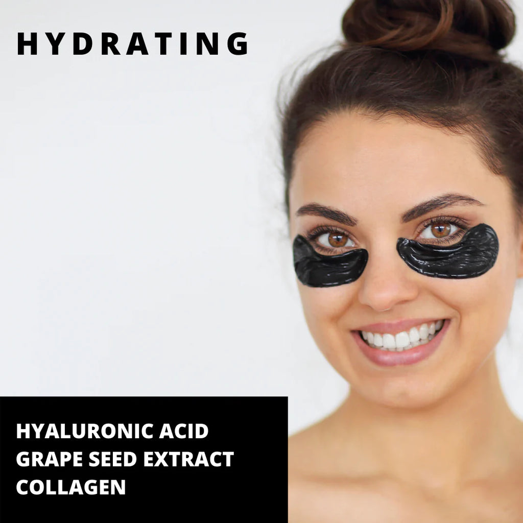 Woman with under-eye patches and ingredients for skin hydration listed.