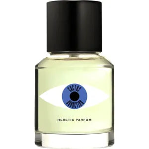 A bottle of heretic parfum with an eye design on the label.
