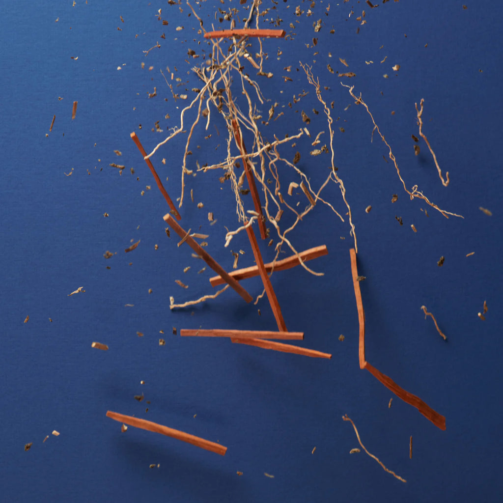 Broken pencil leads scattered on a blue background.