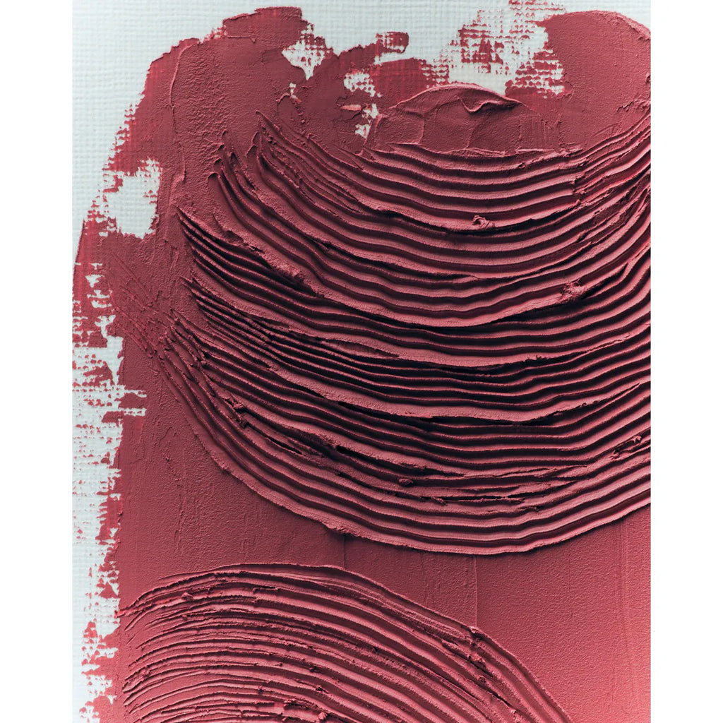 Abstract red textured paint strokes on canvas.
