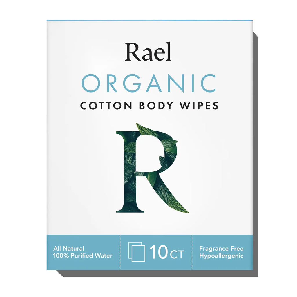 Packaging of rael organic cotton body wipes, 10 count, highlighting natural, hypoallergenic, and fragrance-free features.