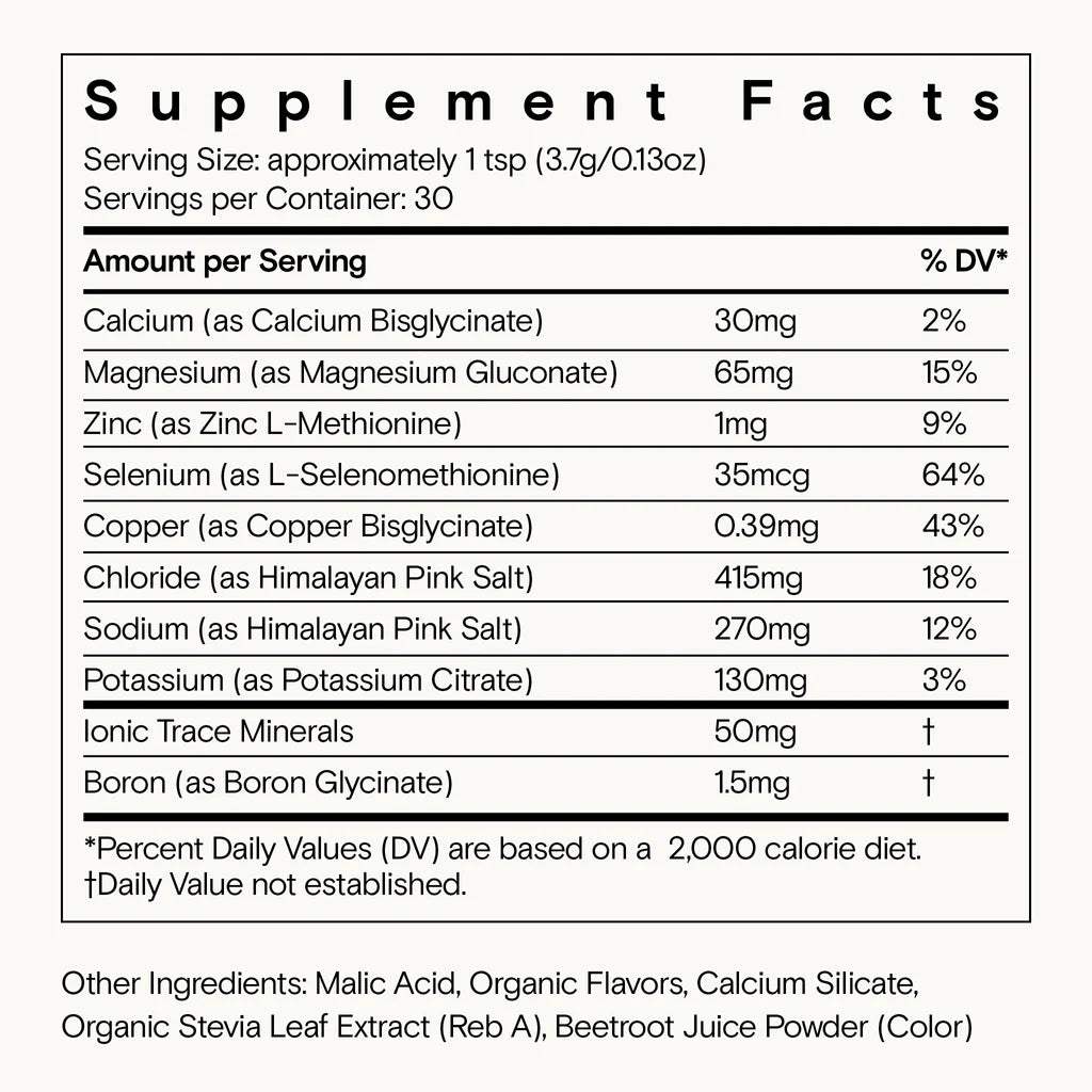 Nutritional label detailing serving size, calories, and the amount of various minerals and vitamins per serving with percentage daily values based on a 2,000 calorie diet.