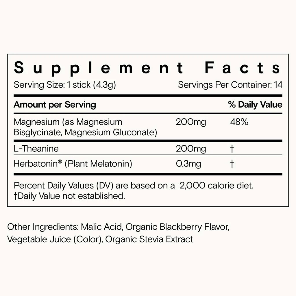 Nutritional supplement label displaying serving size, amount of magnesium, l-theanine, herbatoninÂ®, and other ingredients with dietary value percentages.