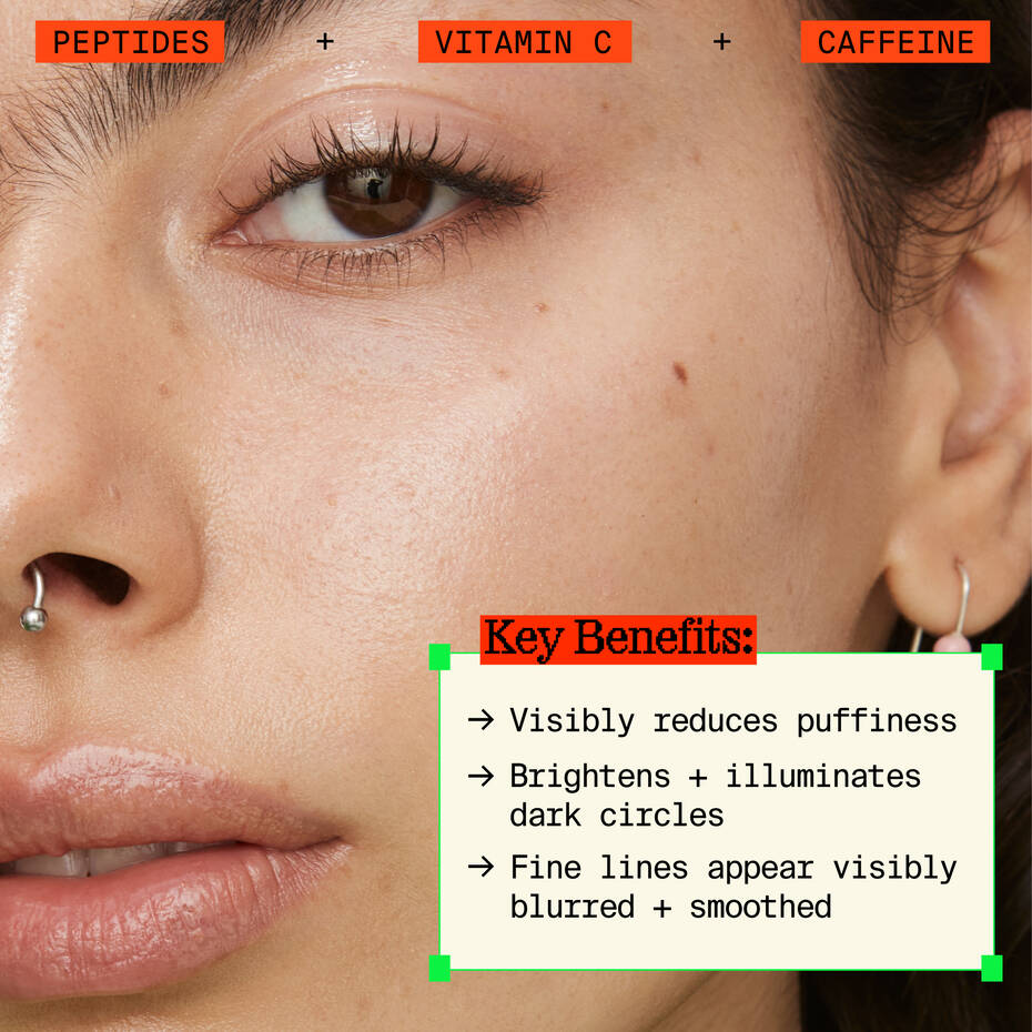 Close-up of a woman's face highlighting skincare benefits of peptides, vitamin c, and caffeine.