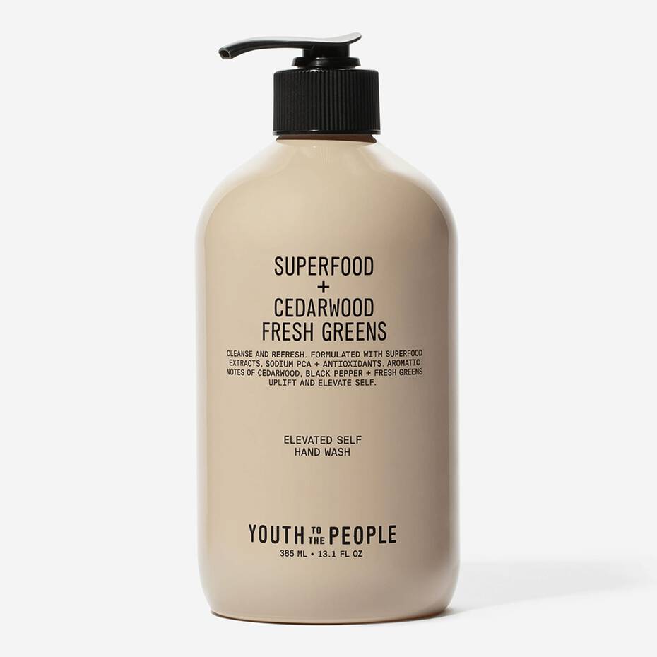 Bottle of 'youth to the people' superfood hand wash with cedarwood and fresh greens.