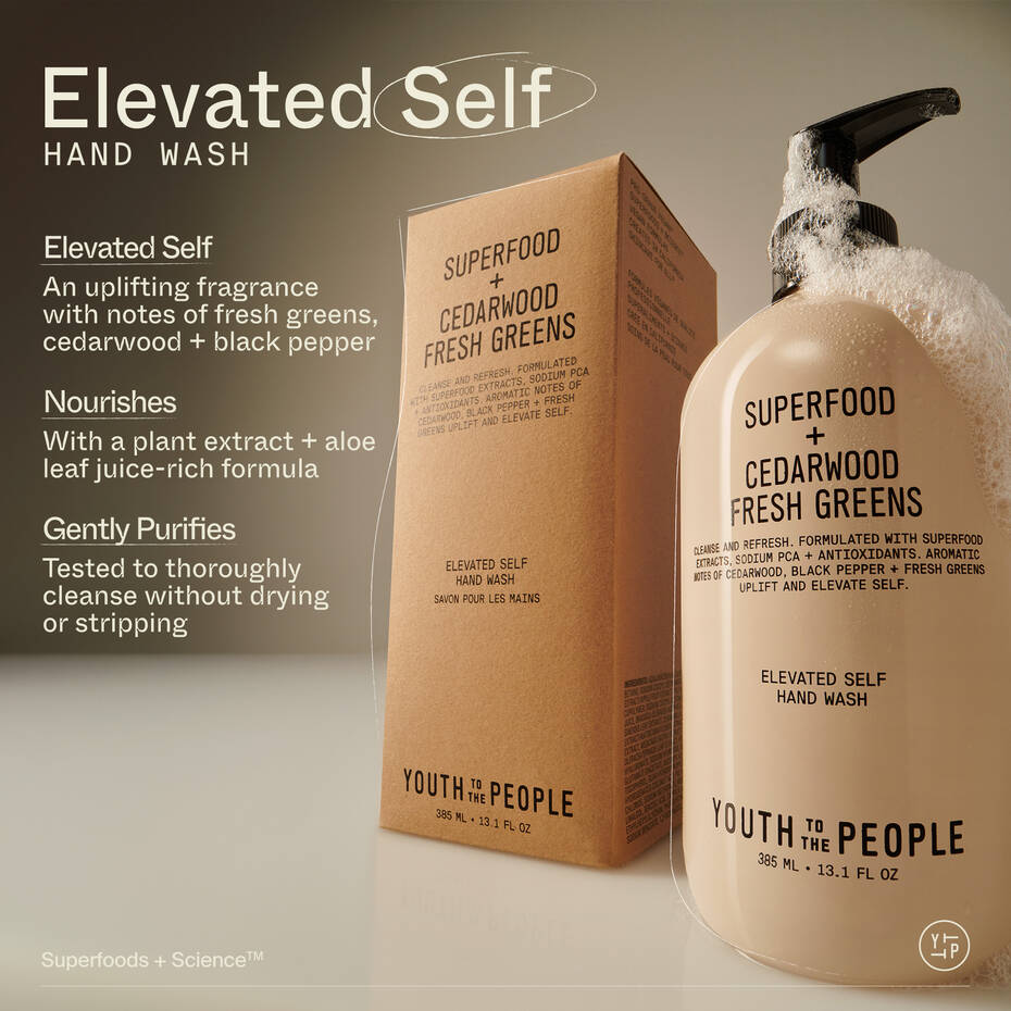 Elegant hand wash with cedarwood and black pepper, highlighted by superfood ingredients for a nourishing cleanse.