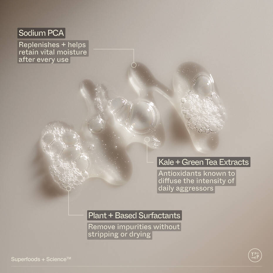 Three translucent, gel-like footprints annotated with text highlighting the benefits of certain skincare ingredients.