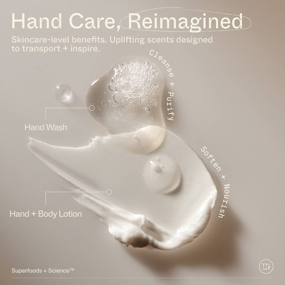 A conceptual advertisement for a hand care product line, highlighting skincare benefits and featuring hand wash and lotion with a cream and bubbles aesthetic.