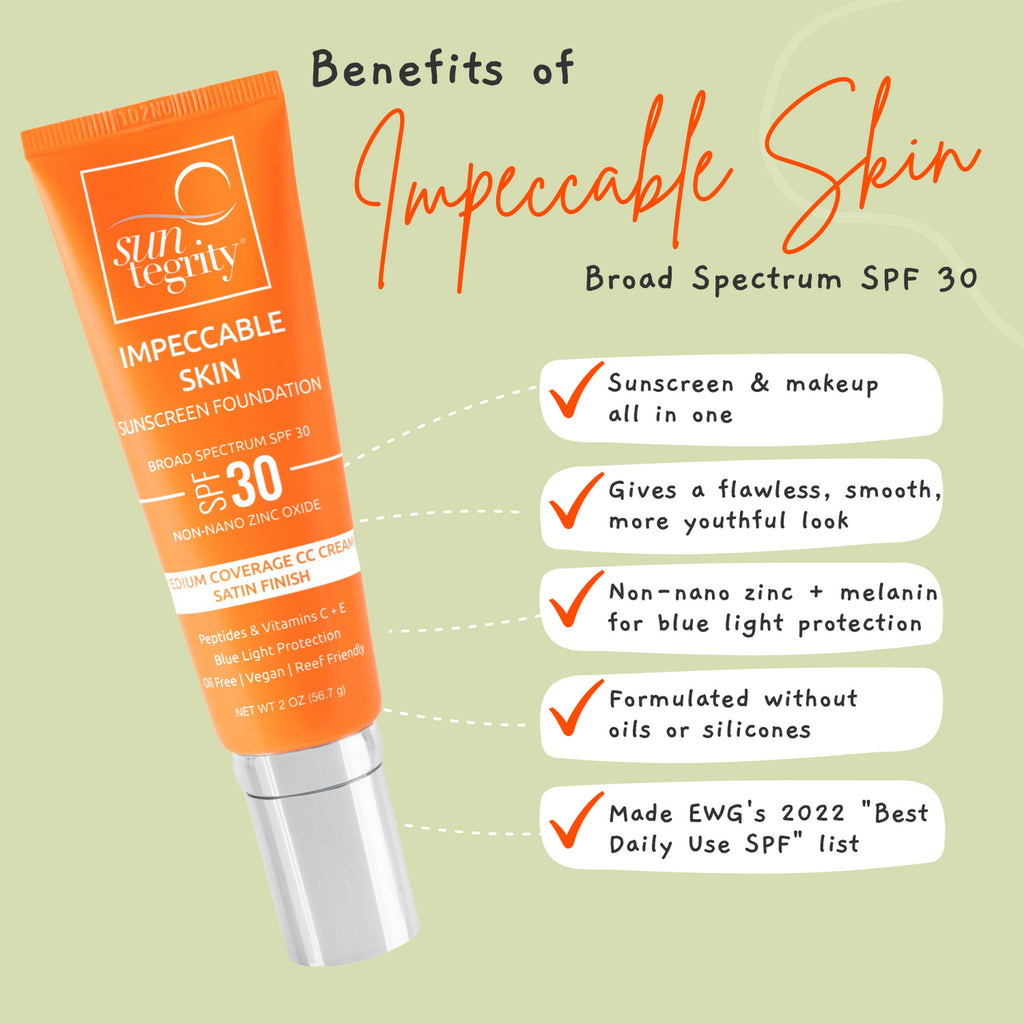 Tinted sunscreen product advertisement highlighting benefits such as spf 30 protection, makeup integration, and skin enhancement features.
