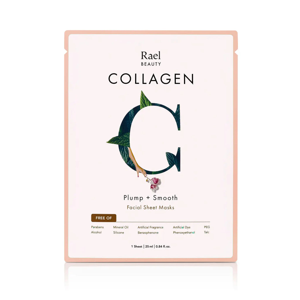 A package of rael beauty collagen sheet mask with plum extract for plumping and smoothing the skin.