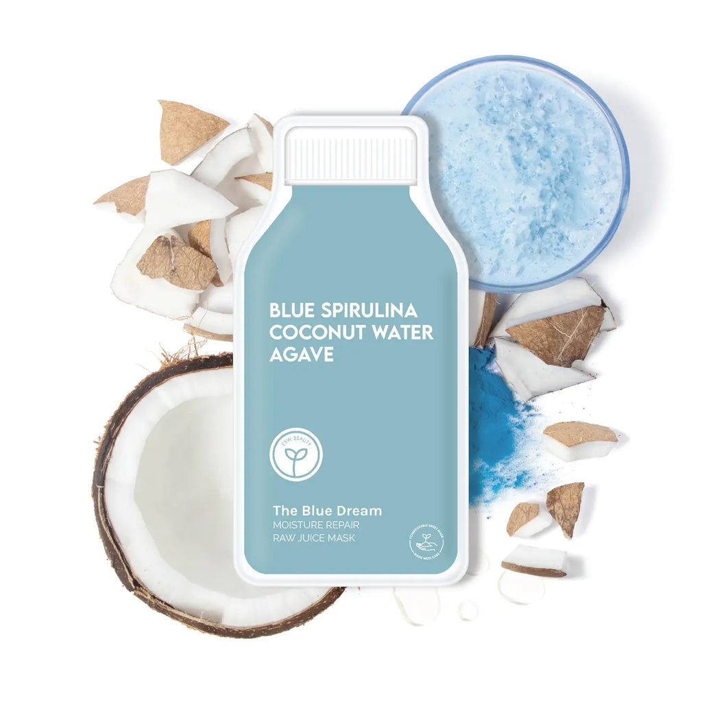 Blue spirulina coconut water with agave product alongside a coconut and spirulina powder.