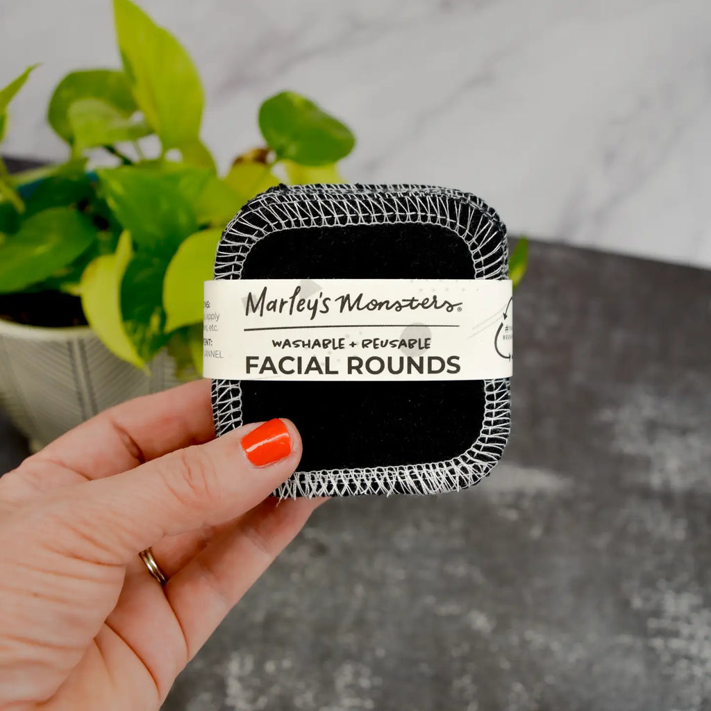 Marley's Monsters Facial Rounds - Black 20 Pack. Facial Rounds are a great way to eliminate disposable cotton balls and pads from your home! Each Facial Round is made from 2 layers 100% cotton flannel. Reusable swap for disposable cotton balls.