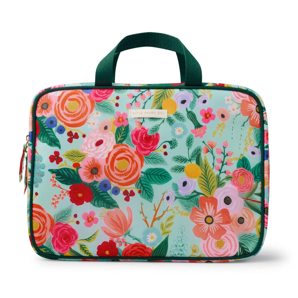 A colorful floral-patterned laptop case with a zip closure and carry handles.