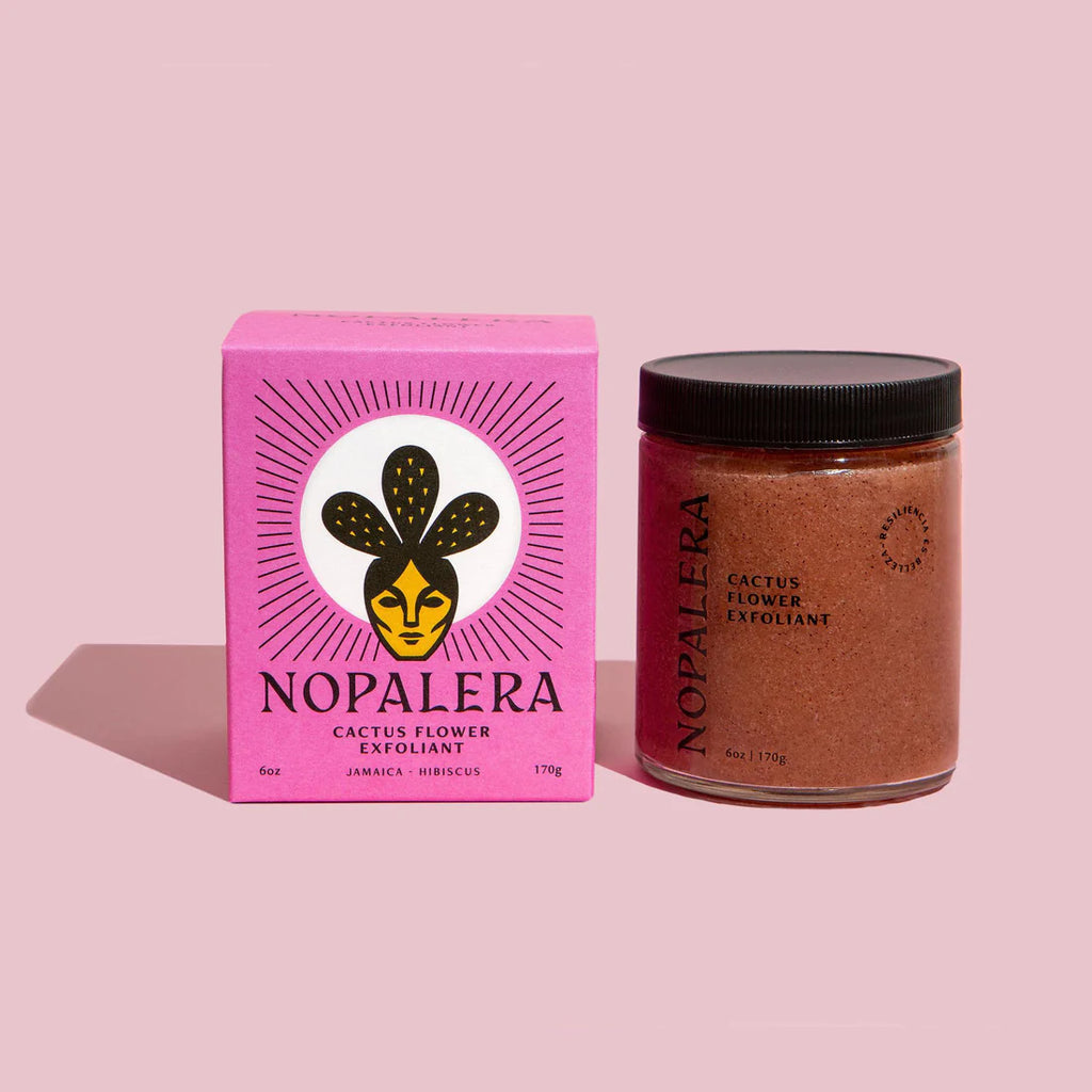 A cactus flower exfoliant product by nopalera next to its packaging.