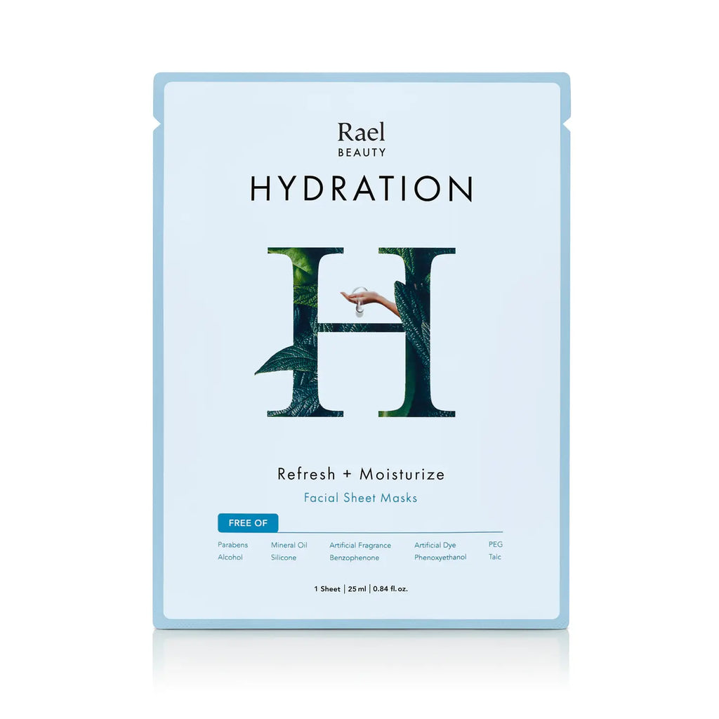 A packaged rael beauty hydration facial sheet mask with the promise to refresh and moisturize, free of mineral oil, alcohol, parabens, artificial fragrance, and silicone.