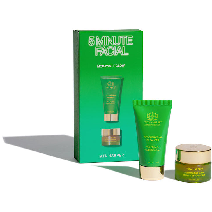 A facial care set including a cleanser, mask, and moisturizer with packaging.