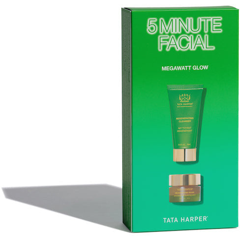 Product packaging for tata harper's "5 minute facial" with a mega watt glow theme.
