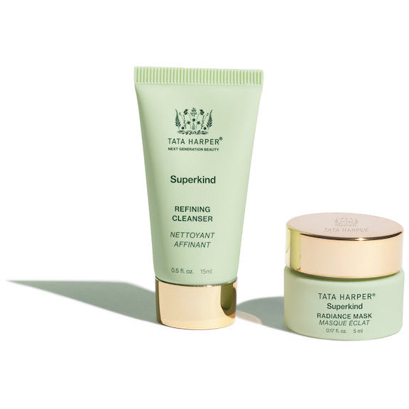 Refining cleanser and radiance mask by tata harper skincare products on a light background.
