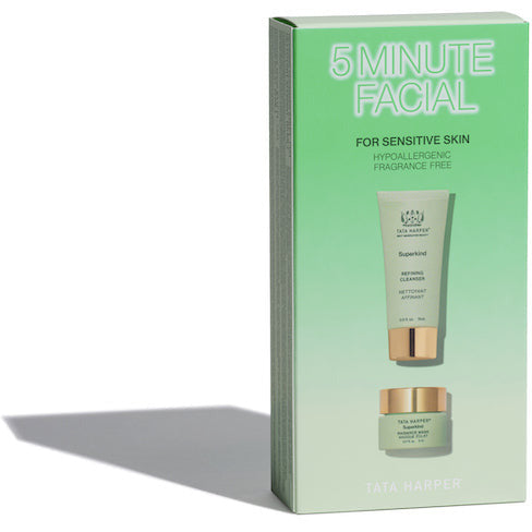 Product packaging for a '5 minute facial' skincare treatment designed for sensitive skin, claiming to be hypoallergenic and fragrance-free.