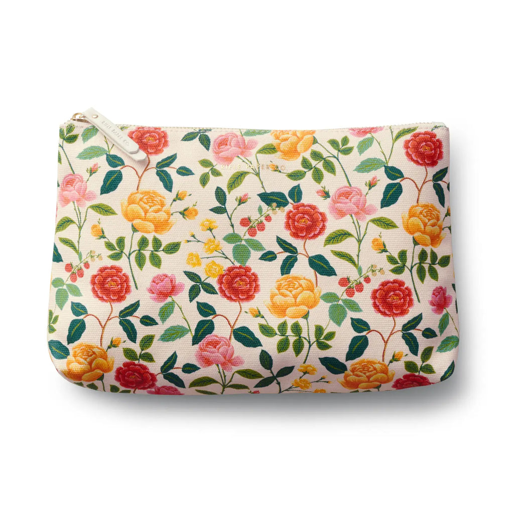 Floral patterned fabric pouch on a white background.