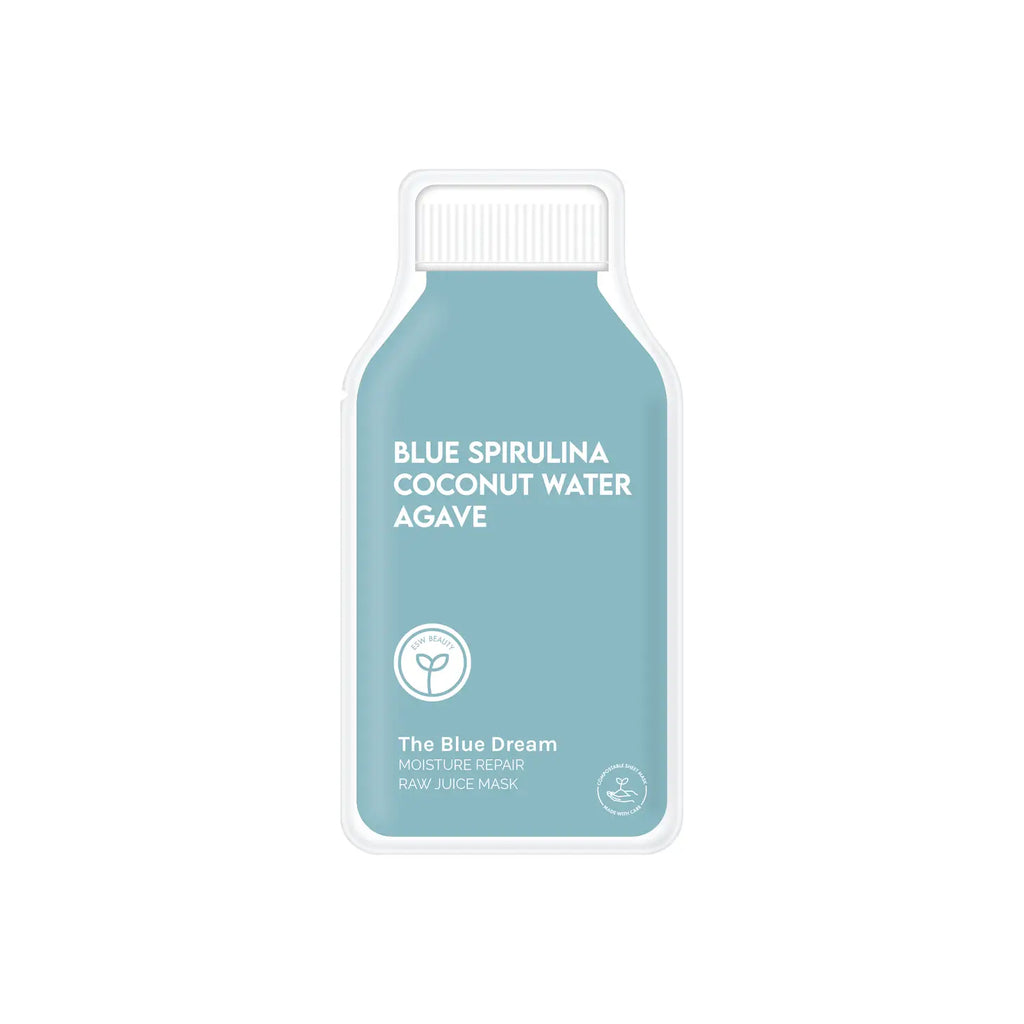 A label design for blue spirulina coconut water with agave, marketed as a healthy beverage.