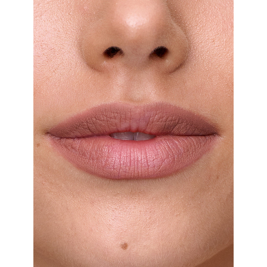 Close-up of a person's lips with pink lipstick and a small mole below the lower lip.