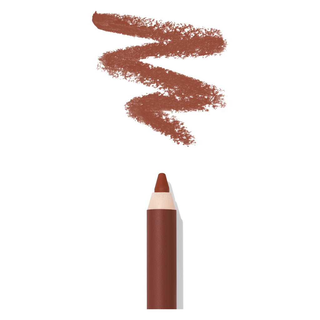 A brown lip liner pencil with its cap off and swatches of the product above it.