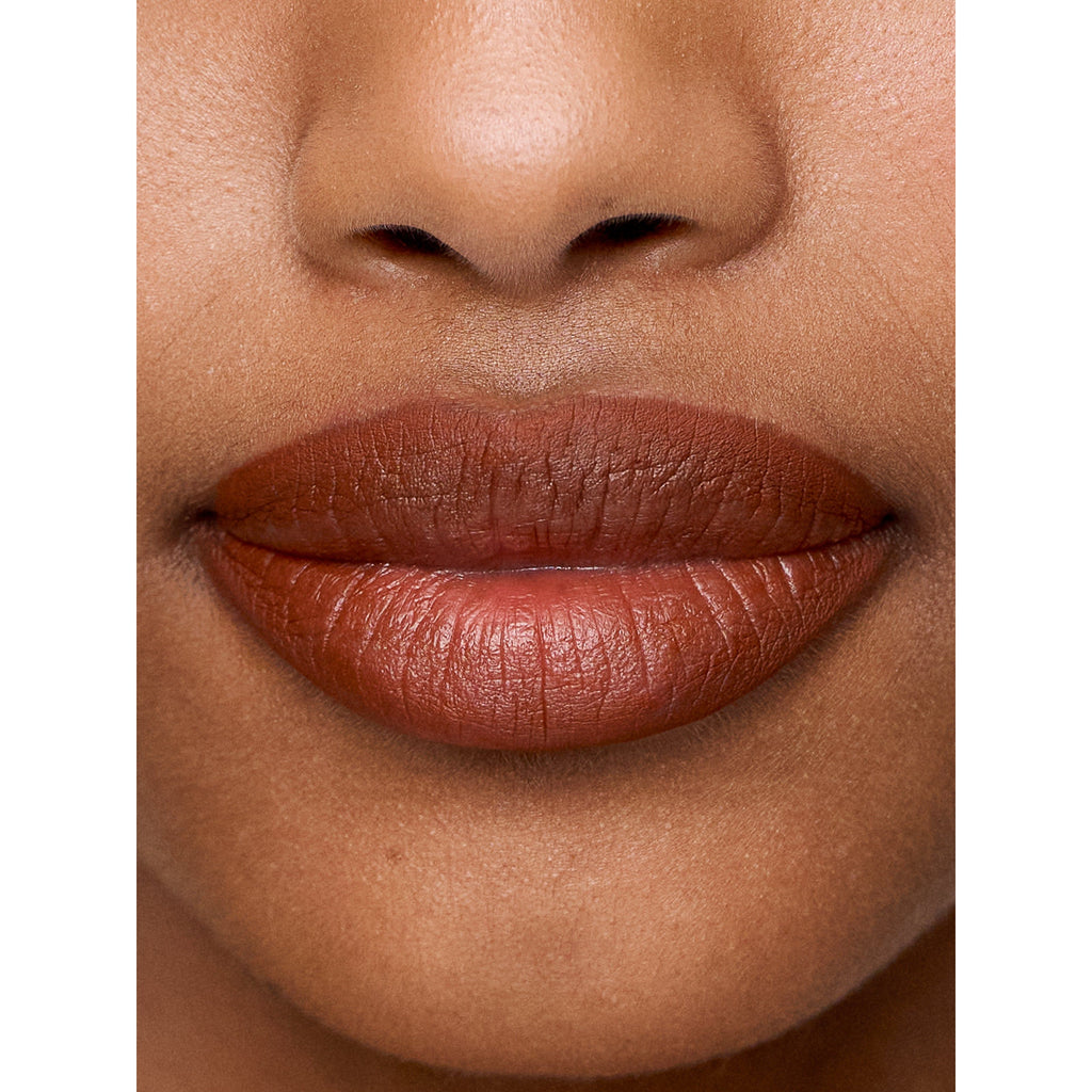Close-up of a person's nose and lips with brown lipstick.
