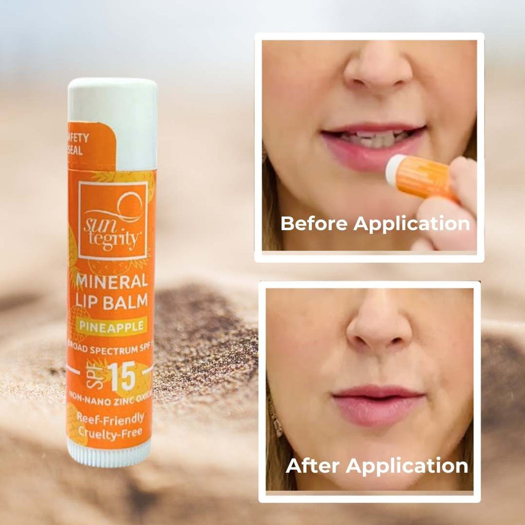 A mineral lip balm with spf 15 advertised through a comparison of lips before and after application.