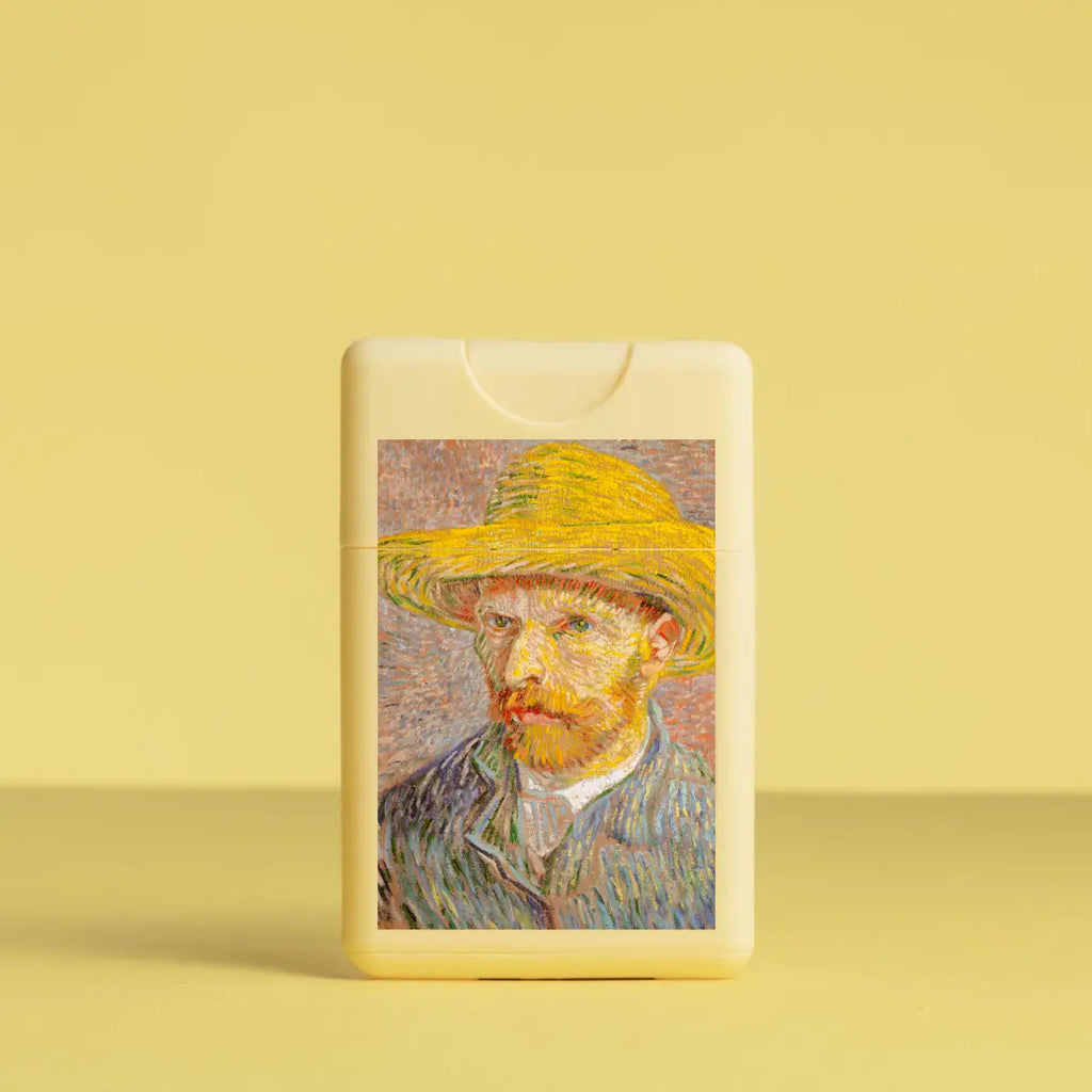 Phone case with a portrait of vincent van gogh's painting on a yellow background.