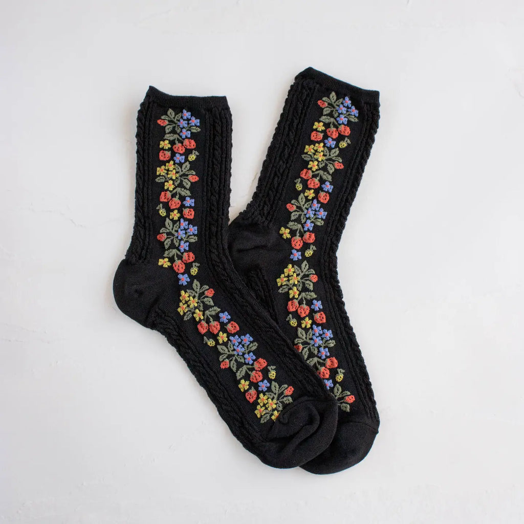 Black Socks with Strawberry Floral Design