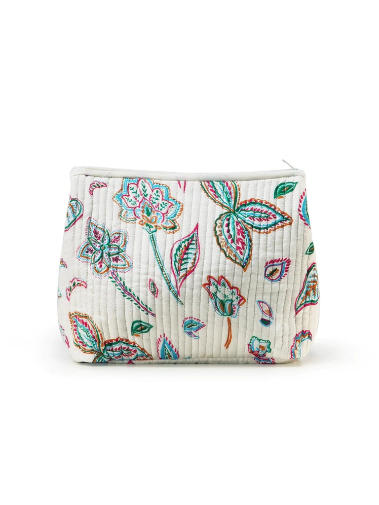 The Germaine des Prés Colette Paisley Case is a white zippered beauty bag adorned with a colorful floral pattern, showcasing pink, green, and yellow flowers and leaves. It features a quilted texture and incorporates a charming Vichy print into its design.