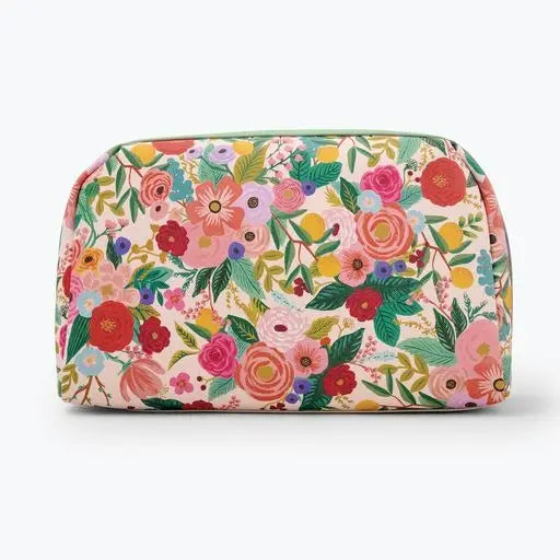 Floral pattern cosmetic bag on a white background.