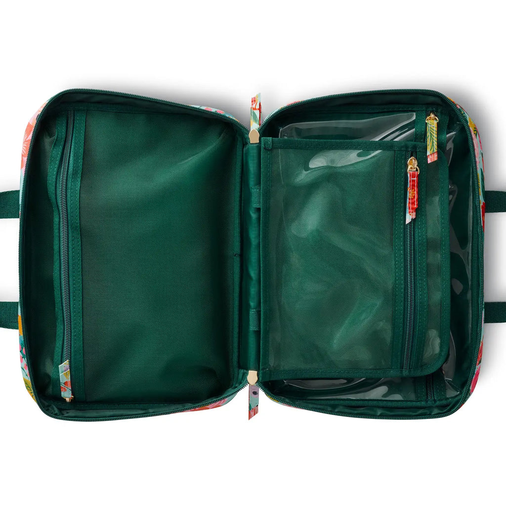 An open, empty fabric travel organizer with zippered compartments on a white background.