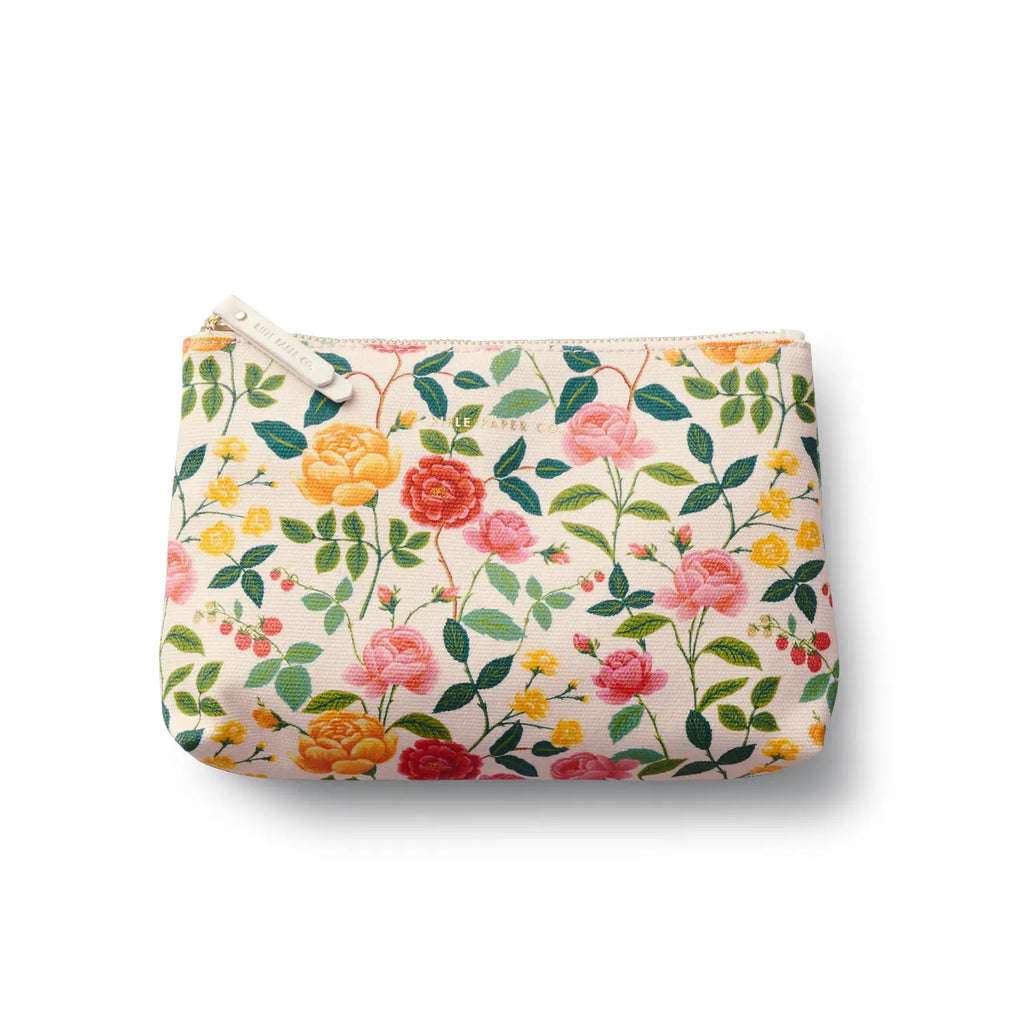 Floral-patterned fabric pouch on a white background.