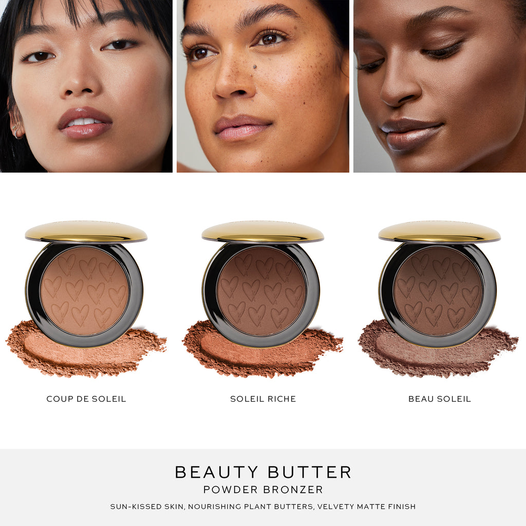 Three shades of beauty butter powder bronzer presented alongside close-up images of women wearing the product, highlighting sun-kissed skin with nourishing ingredients and a velvety matte finish.
