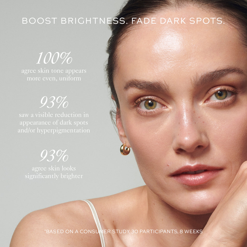 Close-up of a woman with clear skin and green eyes, using Westman Atelier Suprême C, alongside text about skin brightness and reduction of hyperpigmentation from a study.