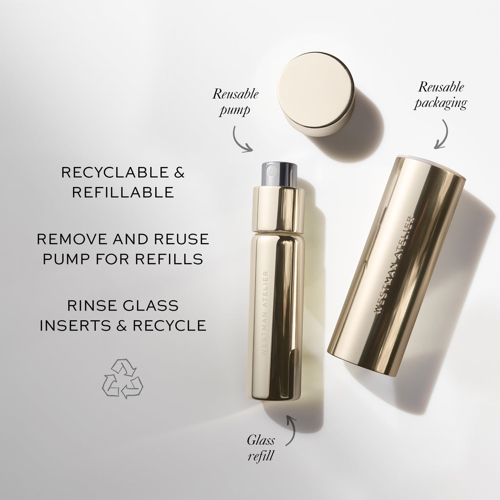A display of Westman Atelier Suprême C cosmetic bottles labeled as reusable and refillable, highlighting features like a reusable pump, glass refill, recyclable packaging, and enriched with Vitamin C serum.