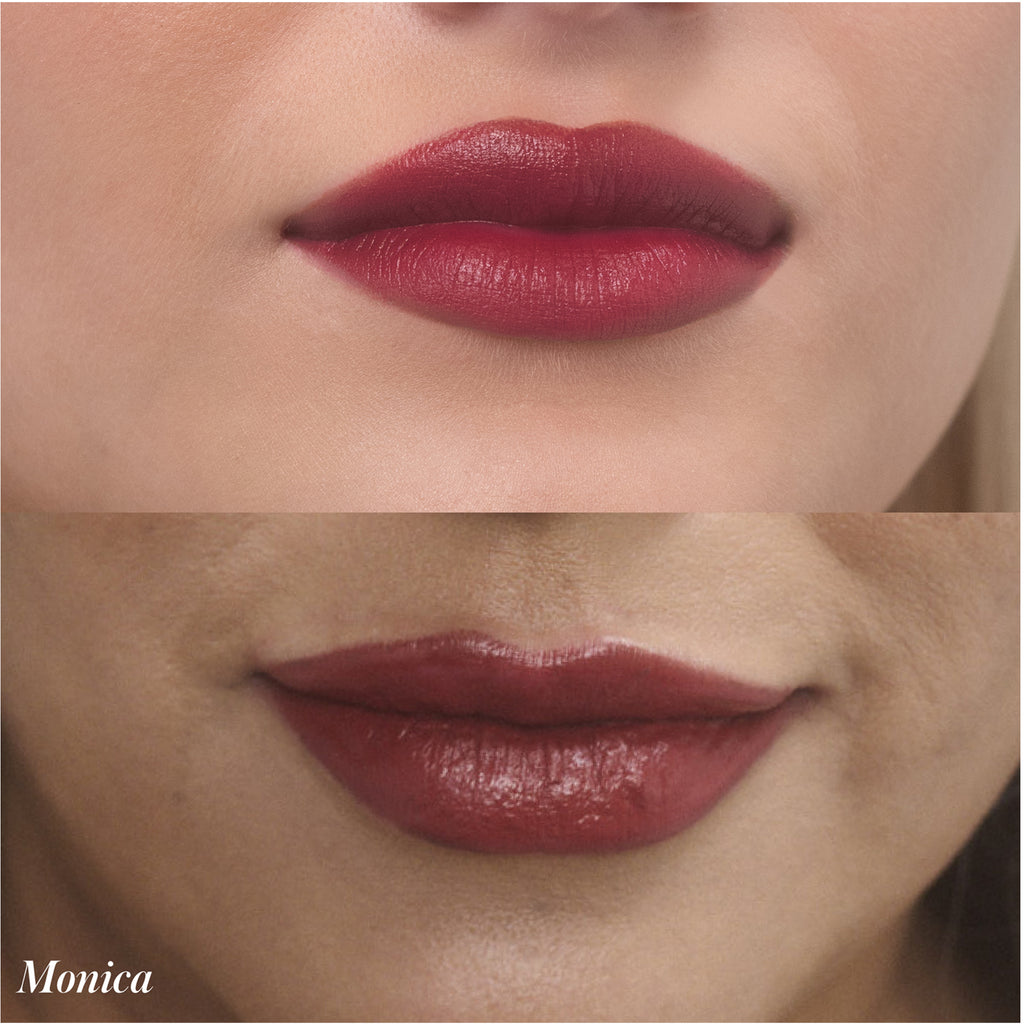 Two close-up images comparing a pair of lips with glossy red lipstick and the same lips with a matte finish.