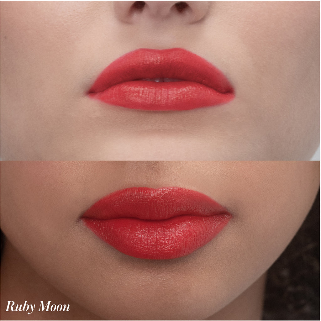Close-up comparison of lips before and after applying red lipstick.