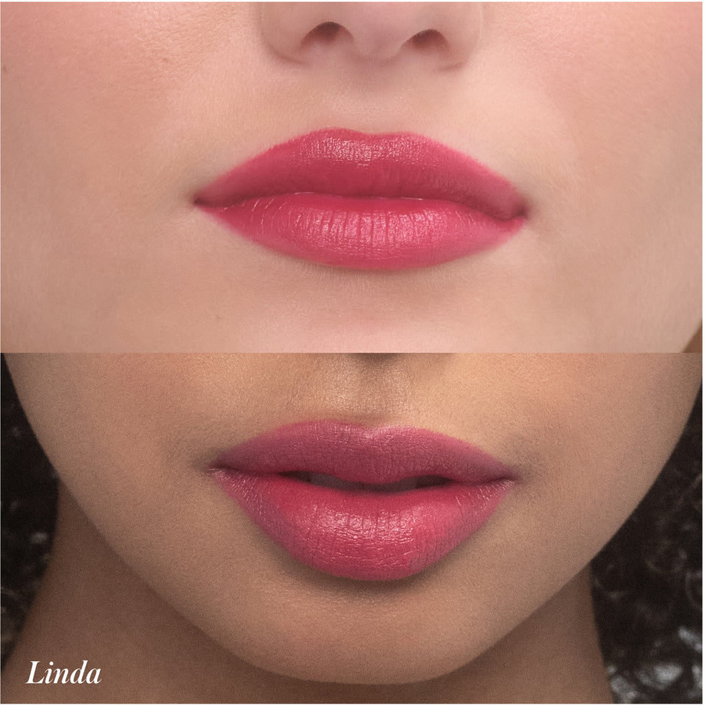 Close-up comparison of two sets of lips with different lipstick colors.