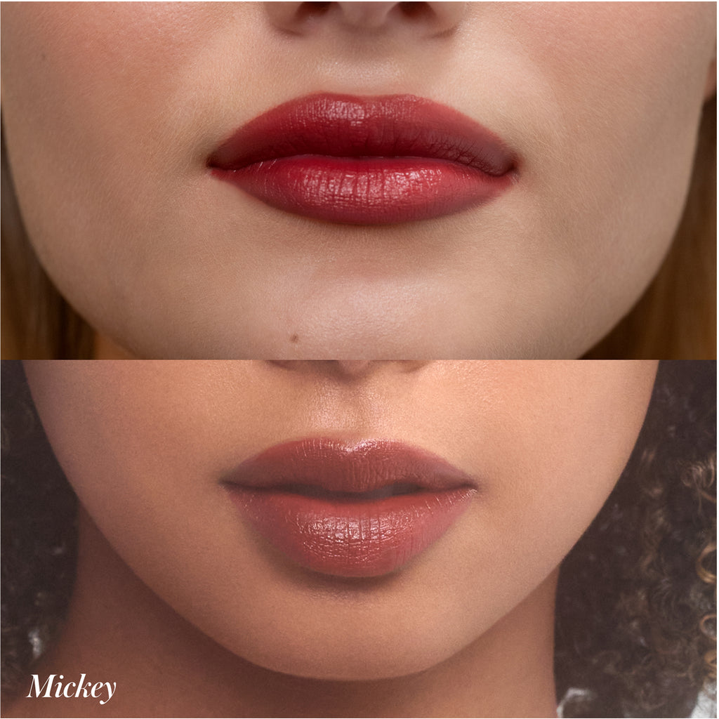 A comparison of two lip makeups, with the top showing a matte red finish and the bottom featuring a glossy darker shade.