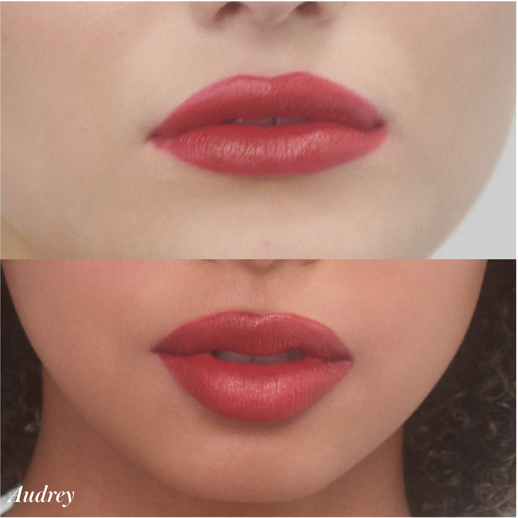 Close-up of a person's lips with red lipstick, shown before and after applying a lip plumping product.