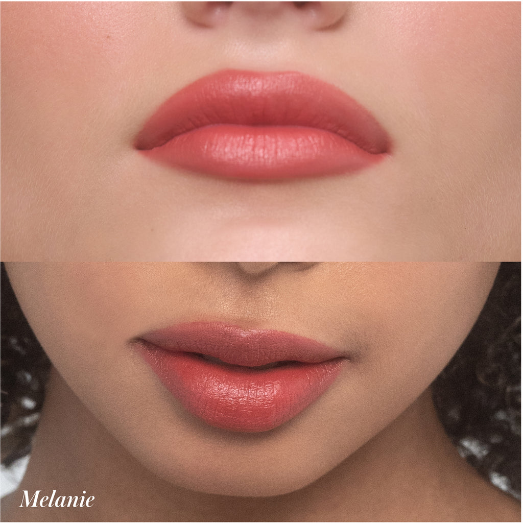 Close-up comparison of two sets of lips both with red lipstick.