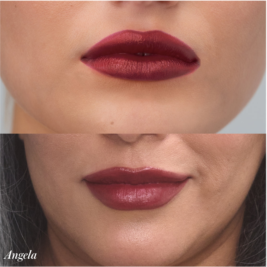Comparison of two lipstick shades on a woman's lips, with the name "angela" labeled below.