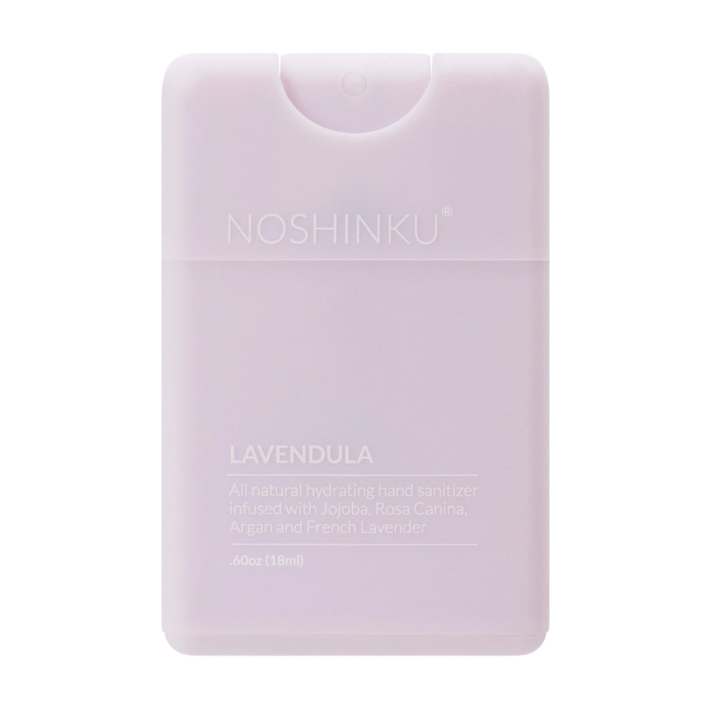 A noshinku hand sanitizer spray bottle with organic rose, argan, and french lavender ingredients.