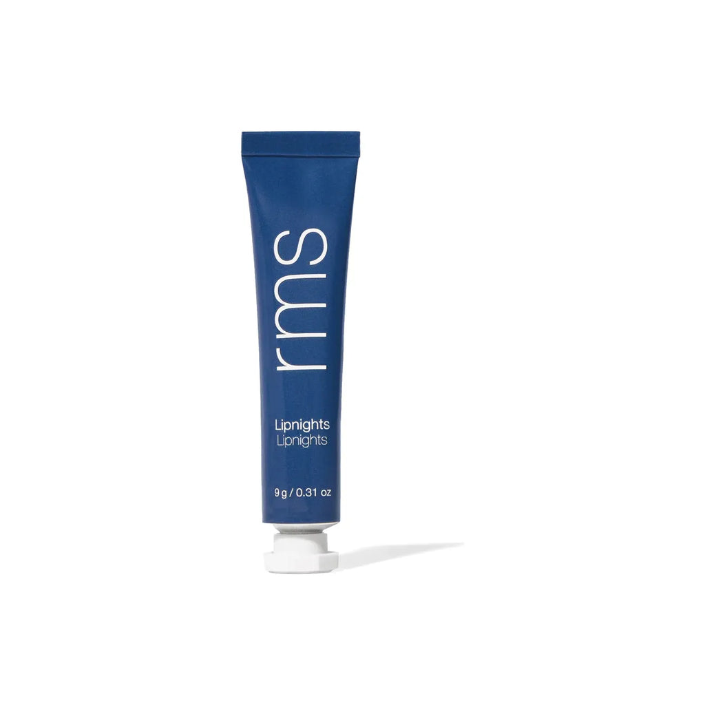 Blue cosmetic tube of rms living luminizer on a white background.