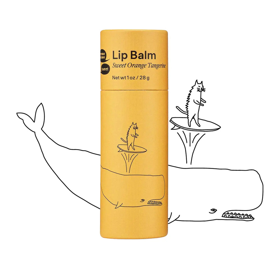 A line drawing of a whimsical underwater scene creatively interacts with a lip balm tube, resembling marine life and vegetation.