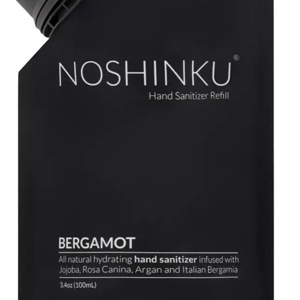 Close-up of a noshinku bergamot hand sanitizer refill bottle label.